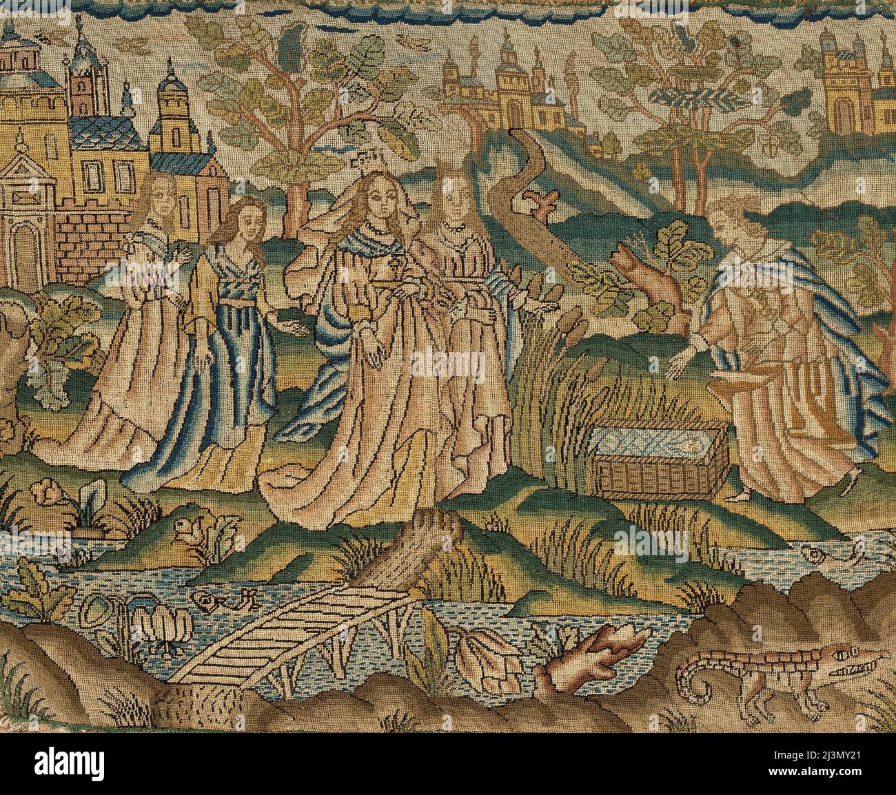 Image religieuse, Angleterre, 17th siècle. La fille de Pharoah trouve Moïse parmi les taureaux du Nil. Détails d'une illustration plus grande. Banque D'Images