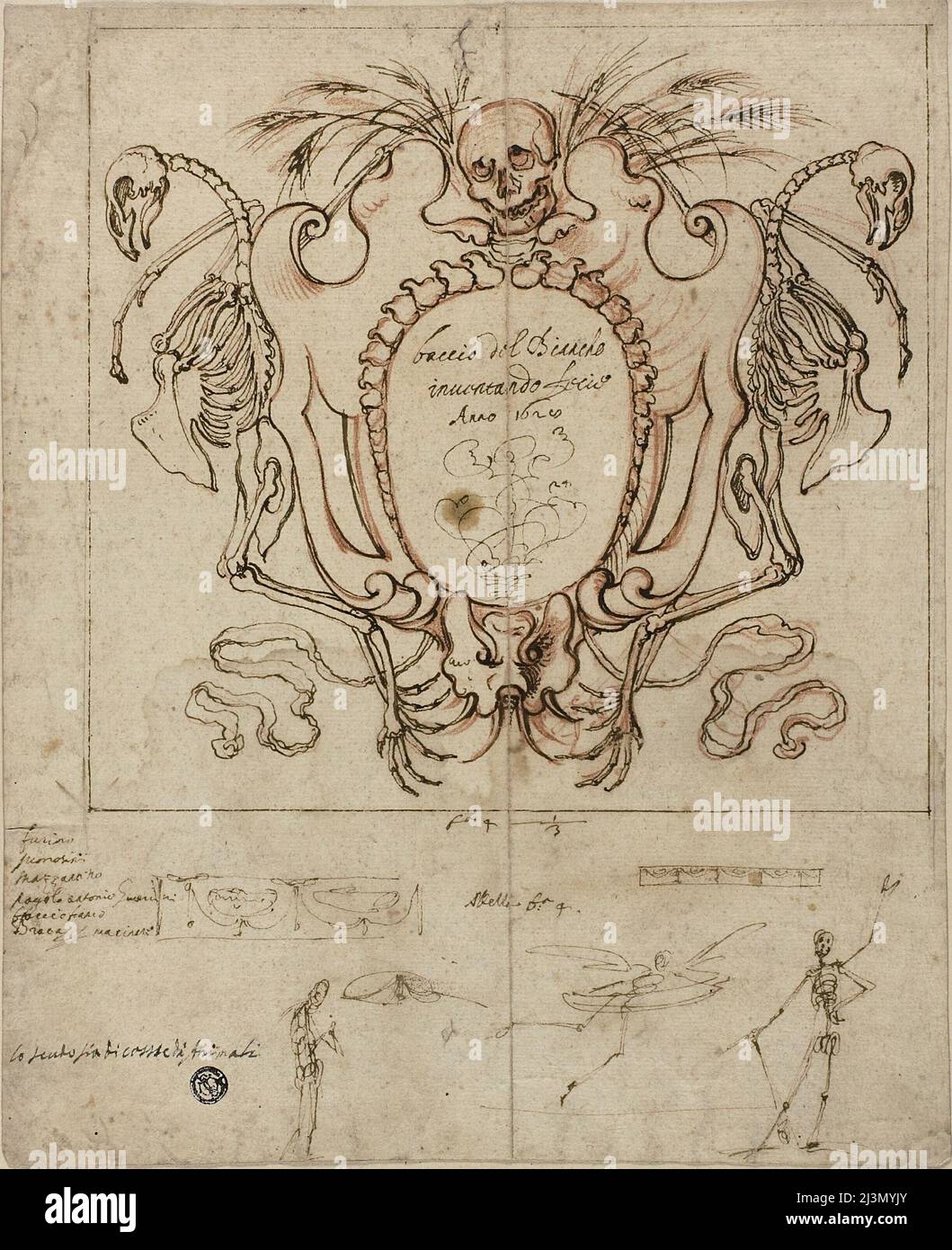 Cartouche funereal avec Inscription et esquisses de squelettes et de détails ornementaux, 1628. Banque D'Images