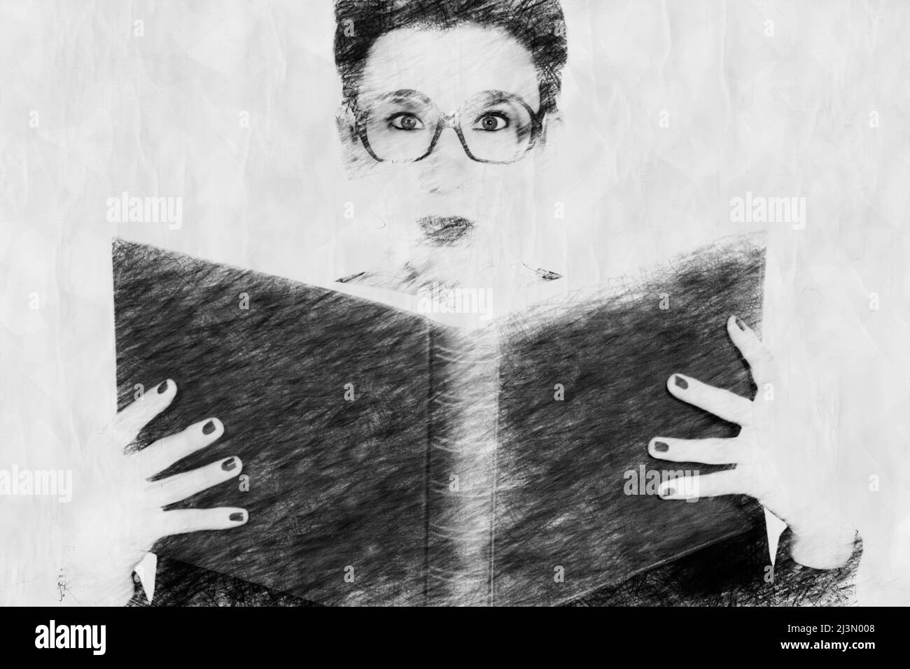 femme avec des lunettes tenant un livre en style dessin de crayon Banque D'Images