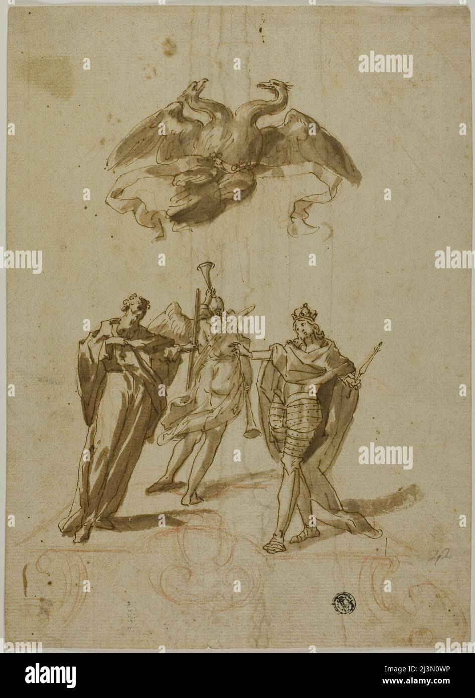 Sujet allégorique : aigle impérial à deux têtes sur nuages; sur terre, figure drapée, roi et figure de la renommée, 16th siècle. Banque D'Images