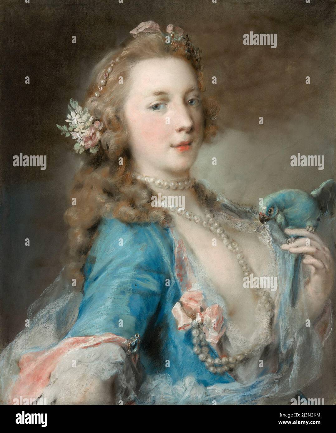 Une jeune dame avec un perroquet, vers 1730. Banque D'Images
