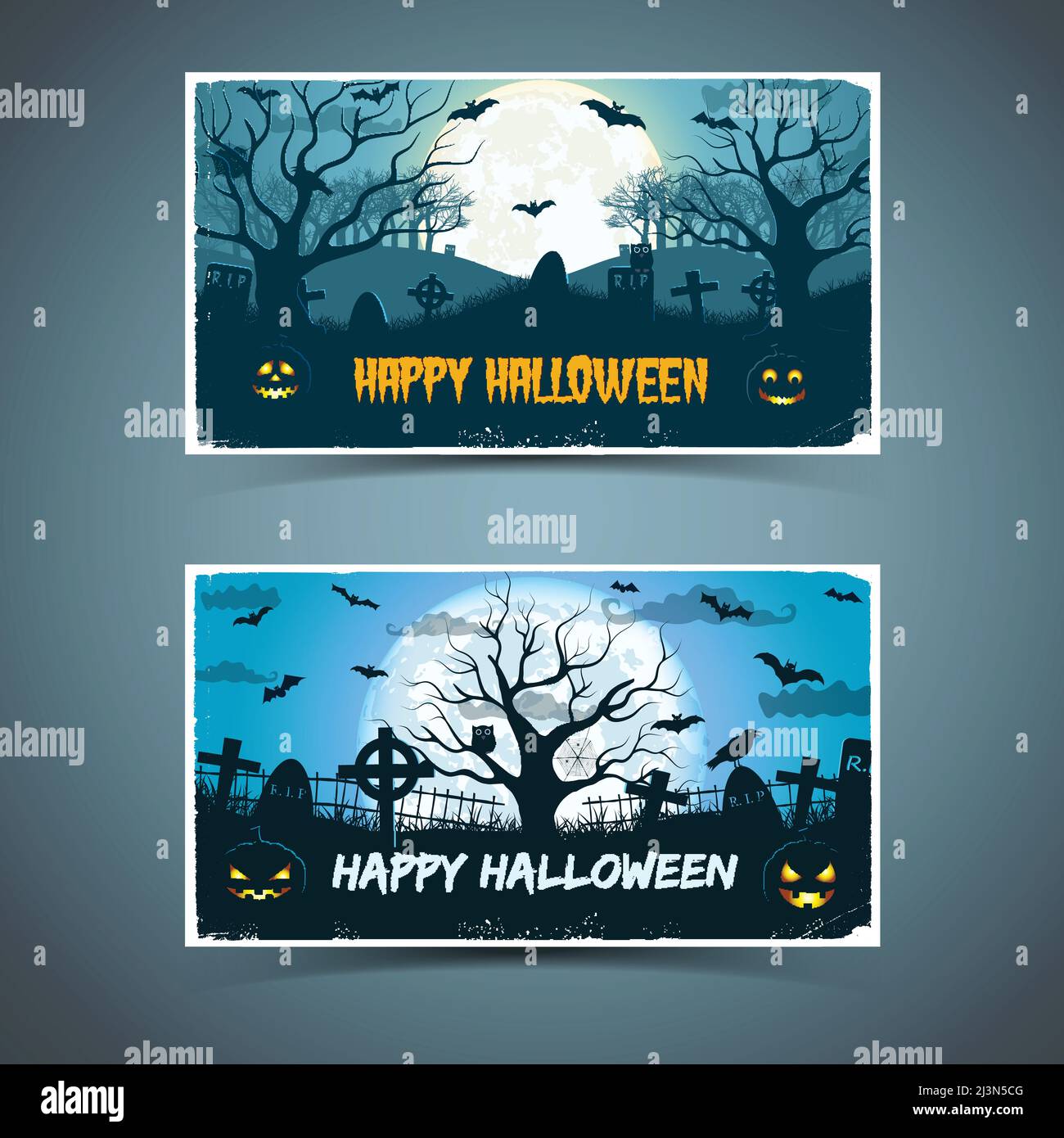 Joyeux halloween bannières avec cadre blanc animaux vieux arbres cimetière sur fond de lune énorme illustration vectorielle isolée Illustration de Vecteur