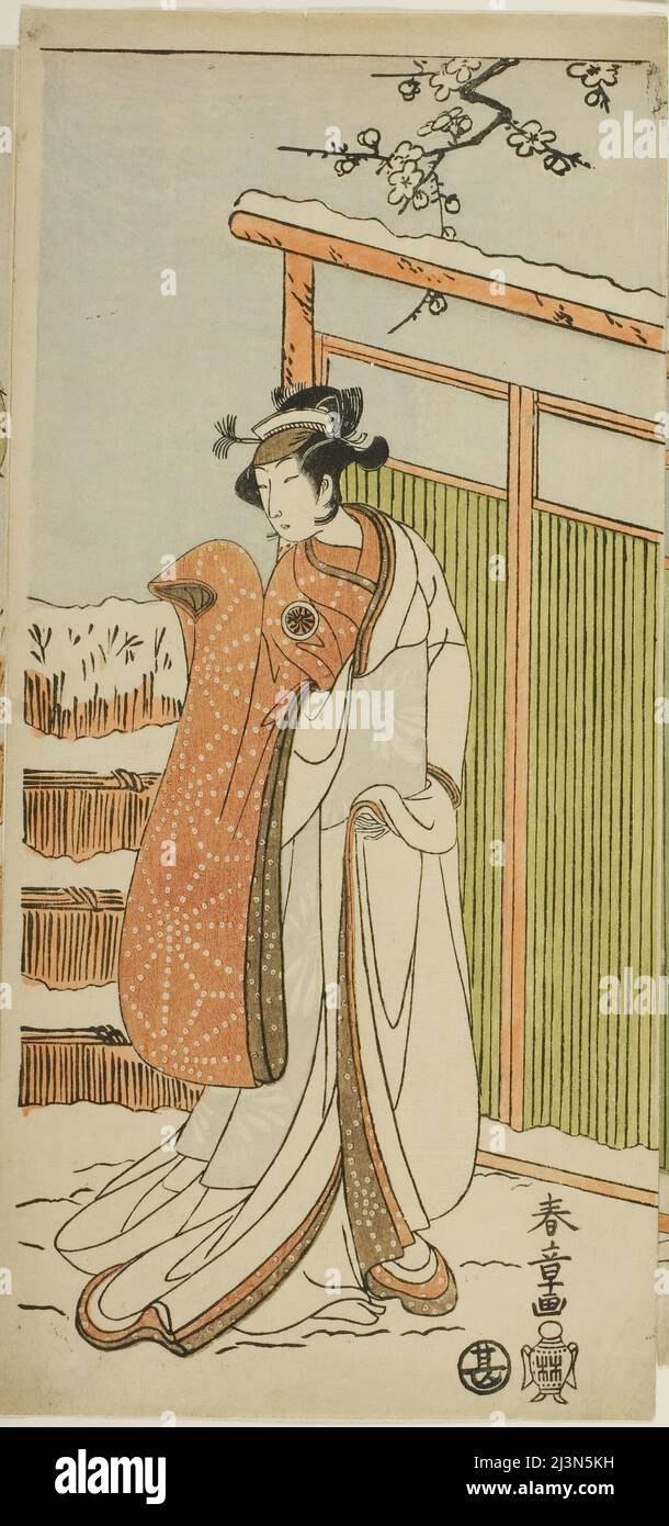 L'acteur Segawa Kikunojo II comme Yuki Onna (la femme de la neige) dans un interlude de danse dans la scène deux des Joruri "Rouge de courtesan sur un visage blanc de neige (Oyama Beni Yuki no Sugao)" de la pièce "Cotton Wadding of Izu protégeant les chrysanthèmes matrimoniaux (Myoto-giku Izu no Kisewata)," interprétée au théâtre Ichimura dès le premier jour du onzième mois, Japon, c. 1770. Banque D'Images