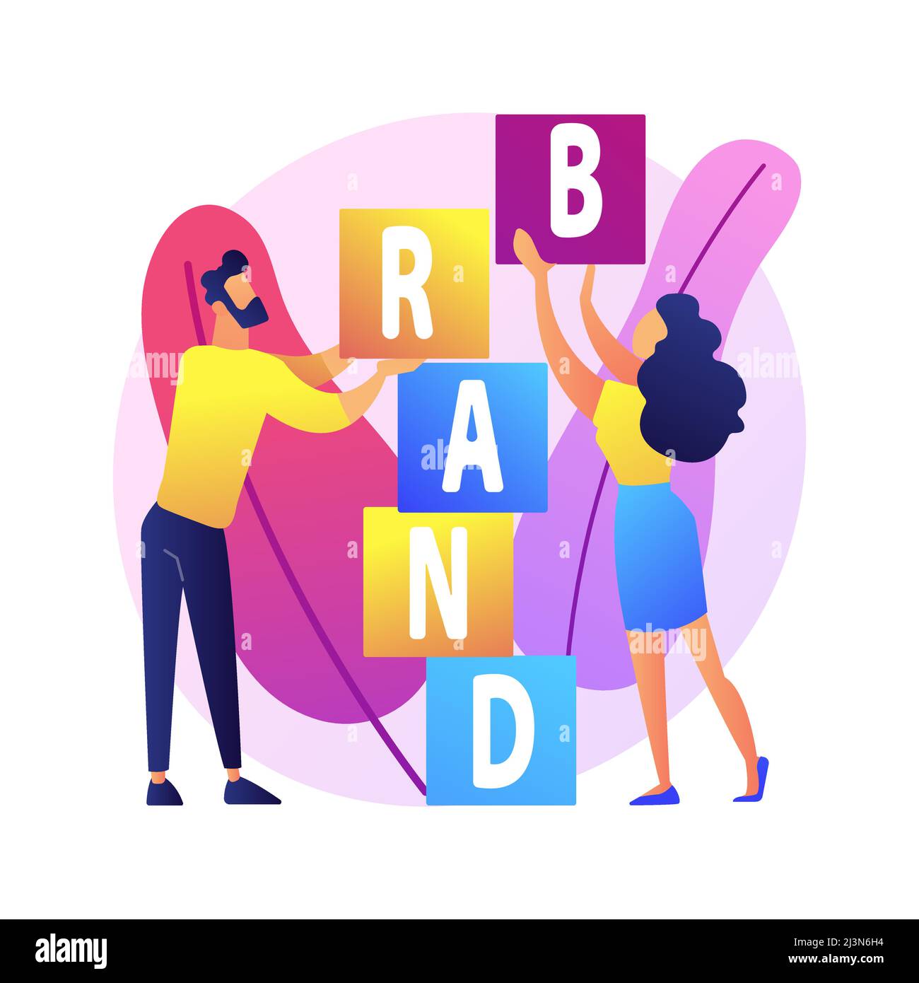 Création de la marque de produit. Conception de l'identité de l'entreprise. Les concepteurs de studio ont des personnages plats, le travail d'équipe, la coopération et la collaboration. Nom de la société. isol. Vecteur Illustration de Vecteur