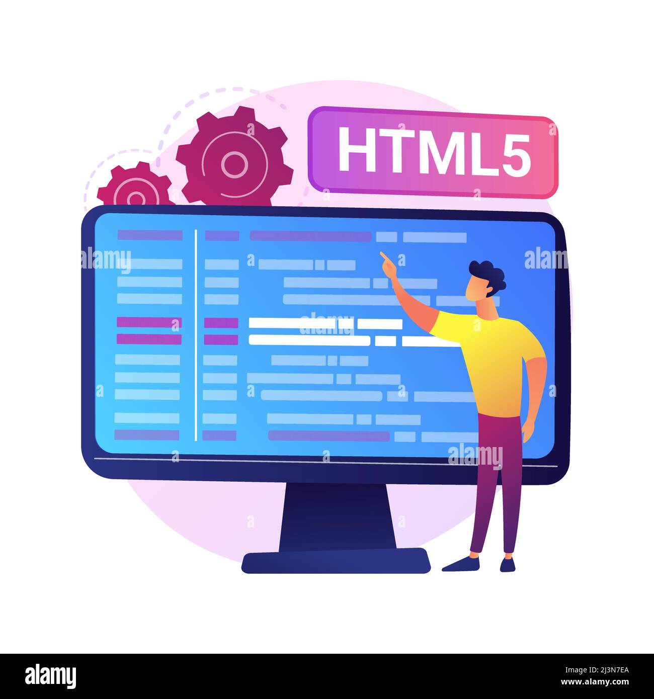 Programmation HTML5. Développement de sites Web sur Internet, ingénierie d'applications Web, écriture de scripts. Optimisation du code HTML, programmeur corrigeant les bogues. Vecteur i Illustration de Vecteur