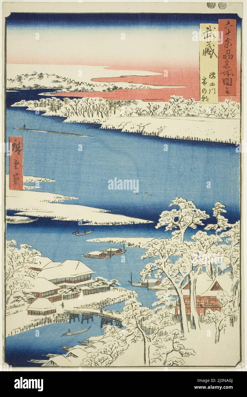 Musashi province: Matin après neige sur la rivière Sumida (Musashi, Sumidagawa yuki no ashita), de la série "lieux célèbres dans les soixante-provinces impaires (Rokujuyoshu meisho zue)", 1853. Banque D'Images