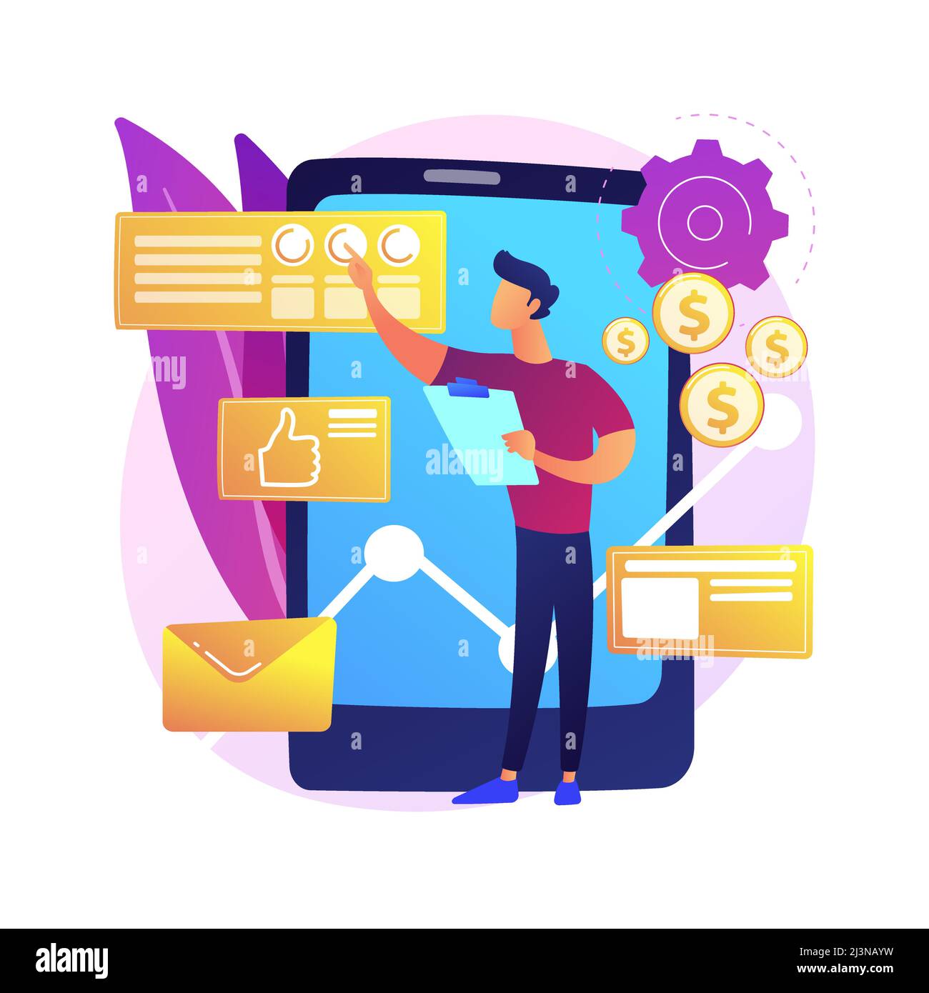 Analyse et science des données. Analyse de bases de données, rapports statistiques, automatisation du traitement de l'information. Expert en datacenter qui fait un rapport. Vecteur isolé Illustration de Vecteur