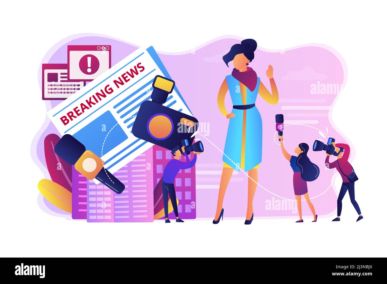 Journalistes interviewant la personne célèbre. Reporters suivant la célébrité. Presse en ligne jaune, flux de nouvelles paparazzi, concept de journalisme jaune. Vib. Lumineuse Illustration de Vecteur