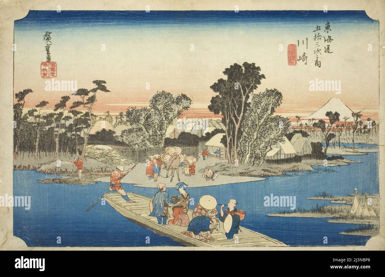 Kawasaki: Le Rokugo Ferry (Kawasaki, Rokugo watashibune), de la série "cinquante-trois stations du Tokaido (Tokaido gojusan tsugi no uchi)", également connu sous le nom de Hoeido Tokaido, c. 1833/34. Banque D'Images