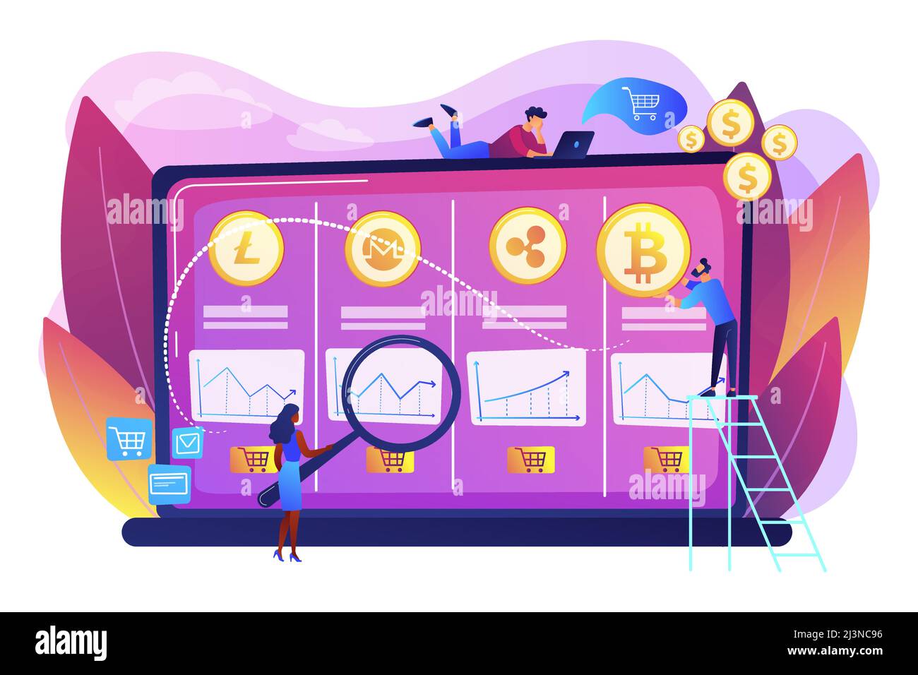 Analyse des données économiques, calcul de la valeur marchande. Bureau de négociation de crypto-monnaie, plateforme à terme de bitcoin, concept officiel de services d'échange de crypto. BR Illustration de Vecteur
