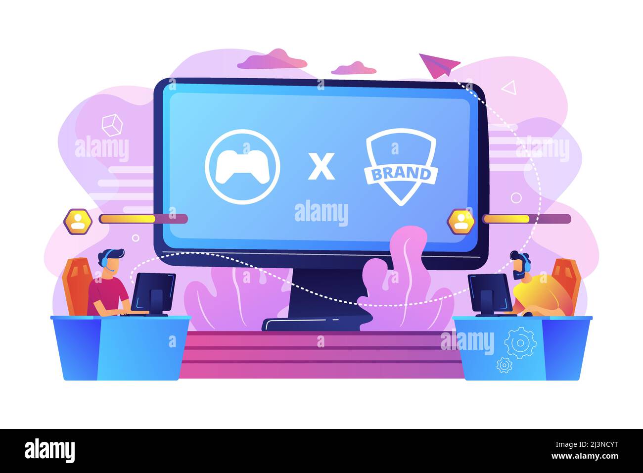 Concours Cybersports. Joueurs de jeux de marque jouant. Collaboration eSports partenariat esports, esports et concept de coopération des marques internationales. Baugh Illustration de Vecteur