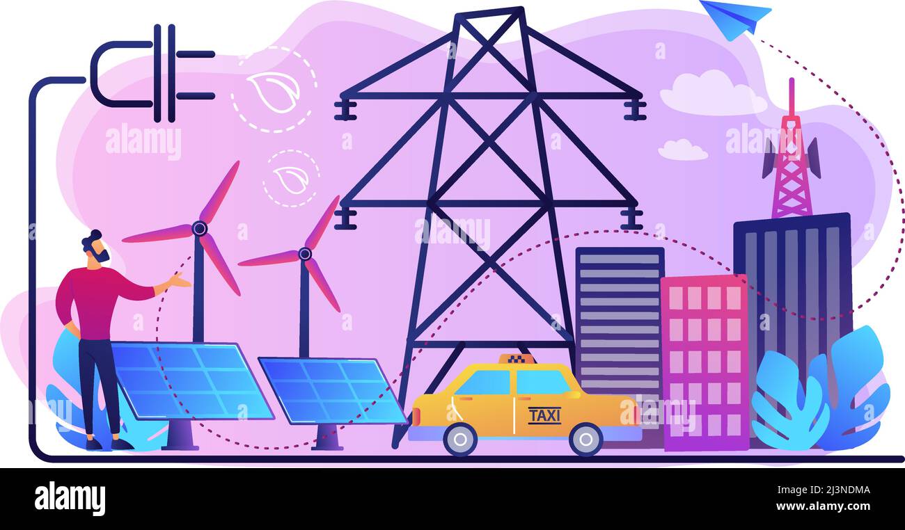 Homme d'affaires dans la ville verte et la voiture électrique utilisant le carburant alternatif. Combustibles de remplacement, électricité stockée chimiquement, sources non fossiles concept. Baugh Illustration de Vecteur