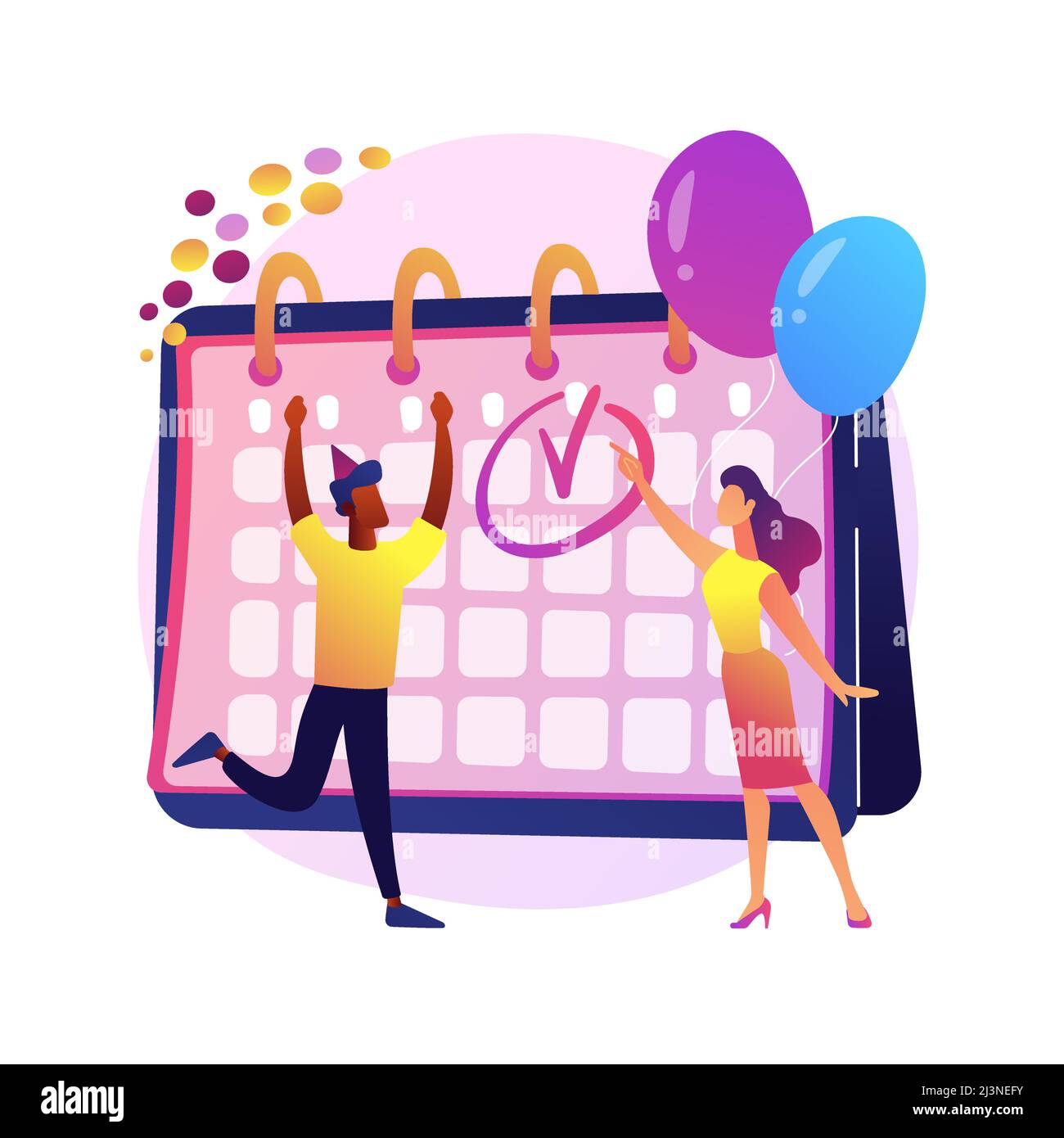 Calendrier festif, fête de fête. Planification du planning de travail, gestion de projet, idée de date limite. Les directeurs de bureau, les collègues enthousiastes. VEC Illustration de Vecteur