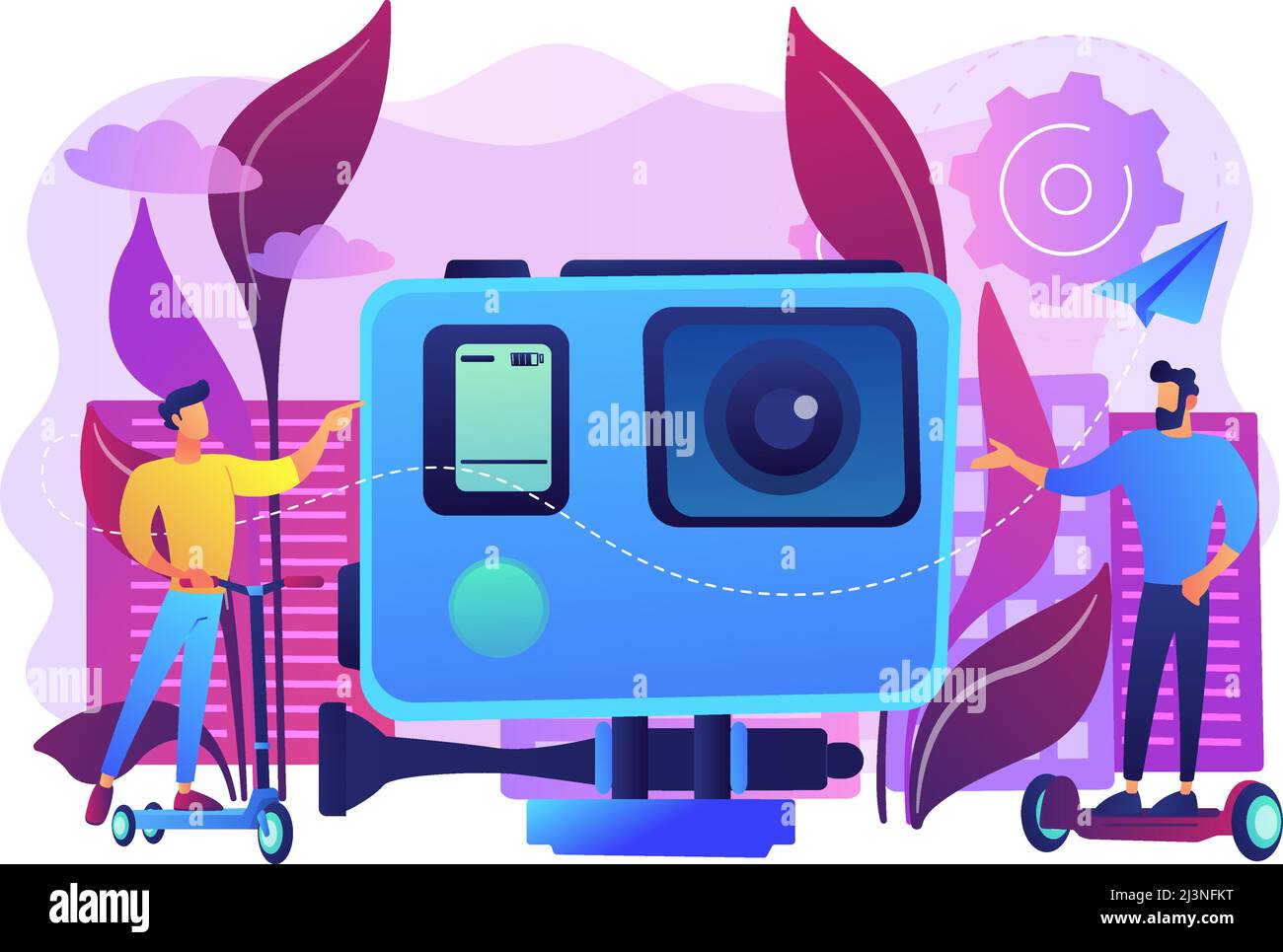 Hommes d'affaires à cheval électrique et à skateboard en ville. Transport électrique urbain, e-scooter e-skateboard utilisant, concept moderne de style citylife. BRI Illustration de Vecteur