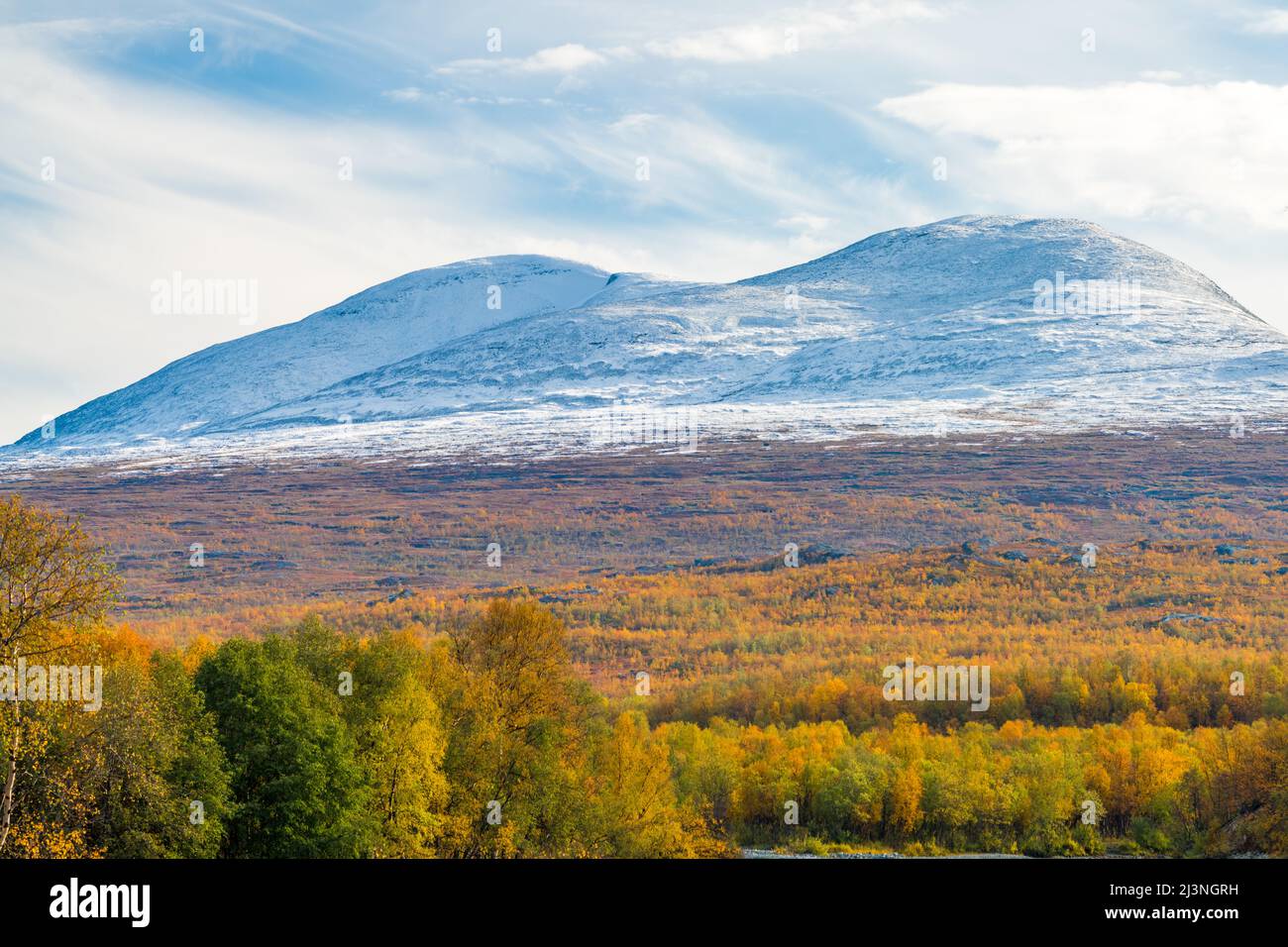 Parc national d'Abisko en septembre avec des couleurs d'automne et de la neige sur les montagnes, parc national d'Abisko, Laponie suédoise, Suède Banque D'Images