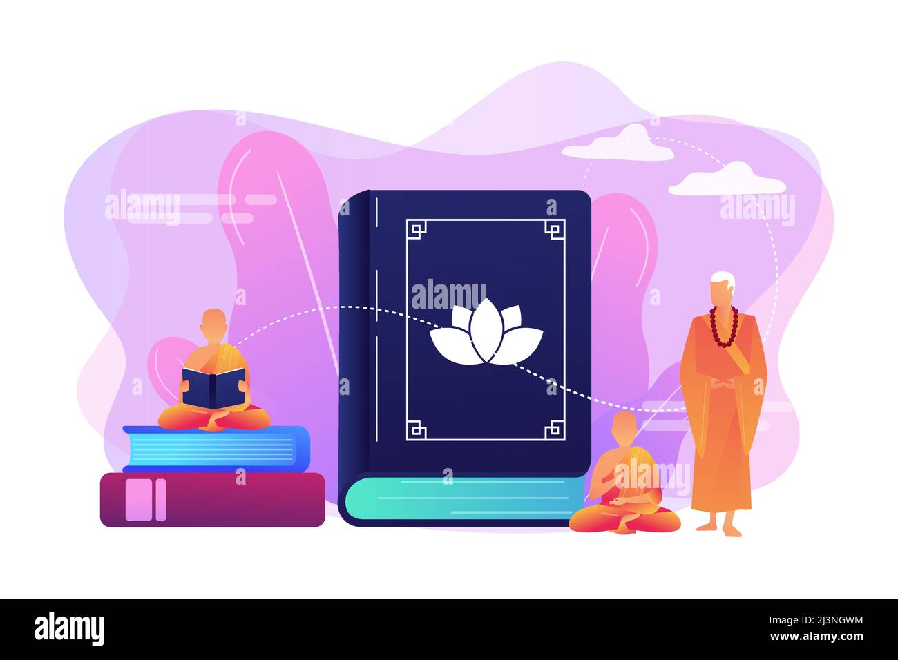 Moines bouddhistes en robes d'orange méditant et lisant, de minuscules gens. Bouddhisme zen, bouddhisme lieu de culte, concept de livre sacré bouddhiste. Vibrelle lumineuse Illustration de Vecteur