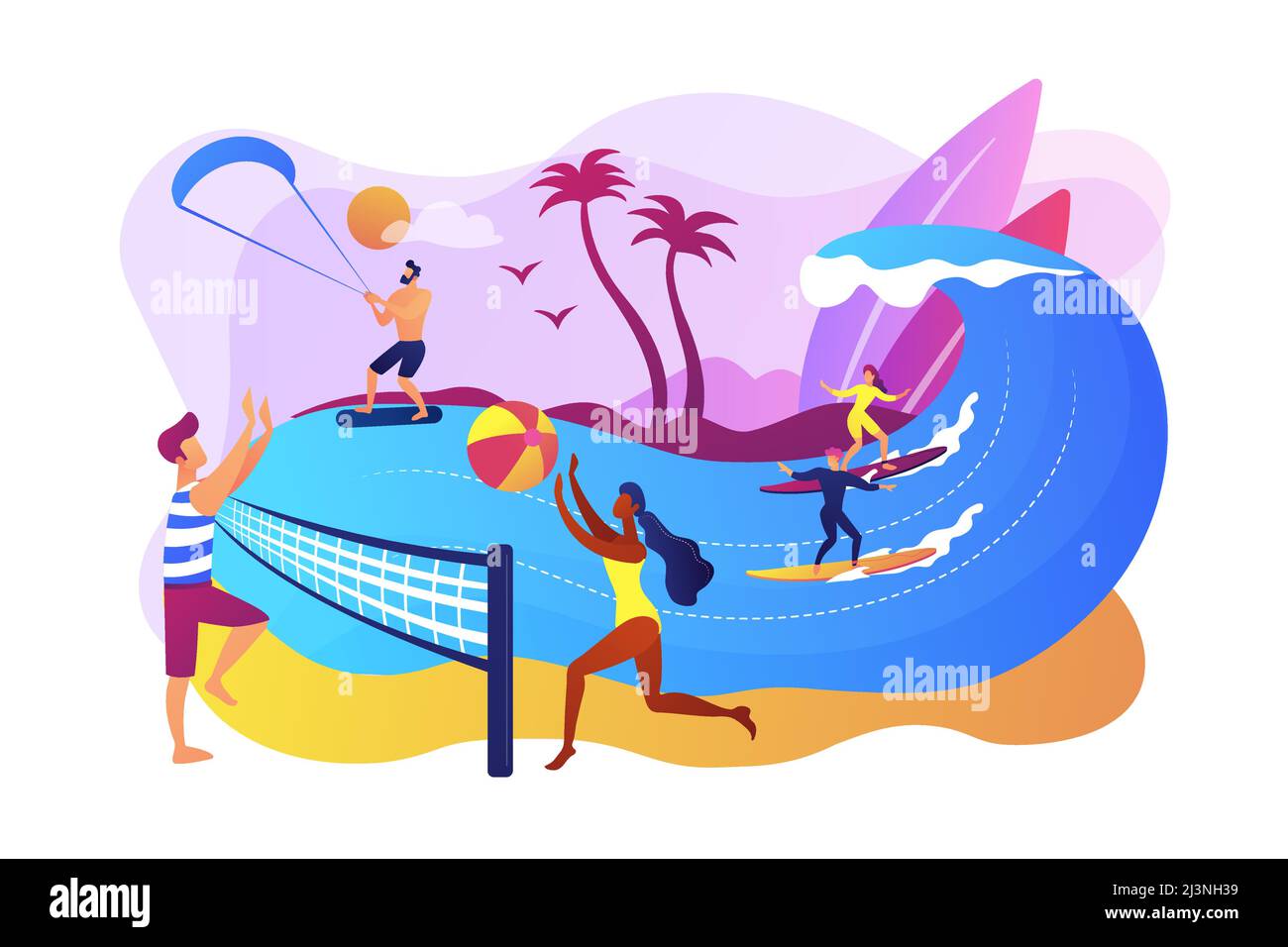 Les adultes qui jouent au volley, au surf et au kitesurf sont minuscules. Activités d'été sur la plage, divertissements en bord de mer, services d'animation en mer. Baugh Illustration de Vecteur