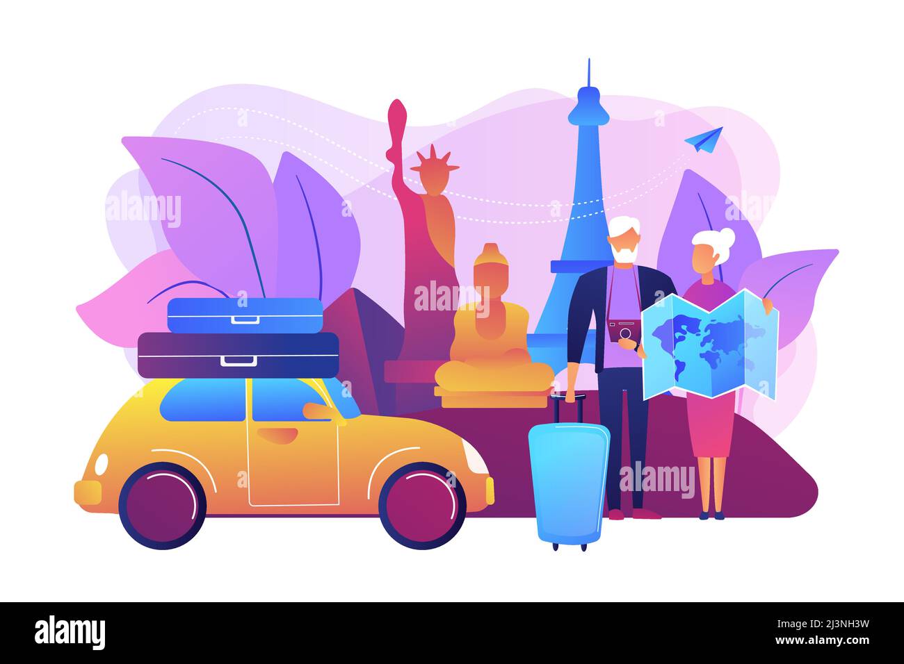 Voyage en voiture pour un couple senior à l'étranger. Personnes âgées lors de la visite du monde entier. Voyage de retraite, voyage à pension, concept de la méthode de voyage lent. Illustration de Vecteur