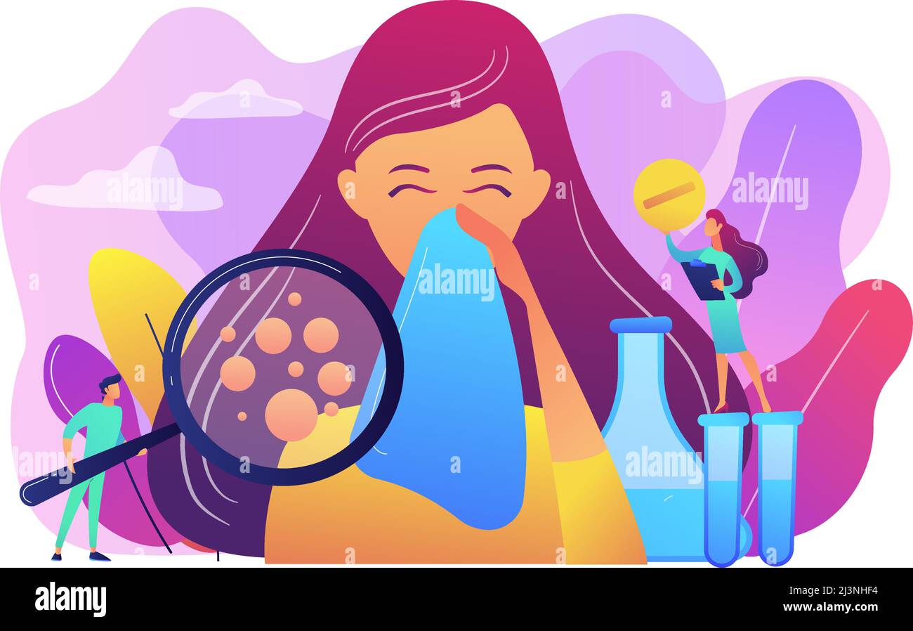 Femme éternuant, prenant une pilule du médecin et allergène sous loupe. Maladies allergiques, réaction allergique, concept de thérapie antihistaminiques. Illustration de Vecteur