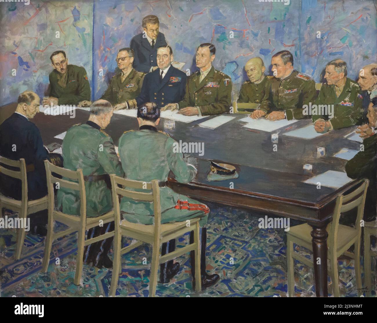 Signature de l'instrument allemand de capitulation à Reims le 7 mai 1945 représenté dans la peinture du peintre français Lucien Jonas (1946) exposée au Musée de la reddition (Musée de la Redition) à Reims, France. Le premier instrument allemand de reddition qui a mis fin à la Seconde Guerre mondiale en Europe a été signé à 02 h 41 heure d'Europe centrale (cet) le 7 mai 1945 dans le bâtiment qui sert maintenant de musée. Banque D'Images