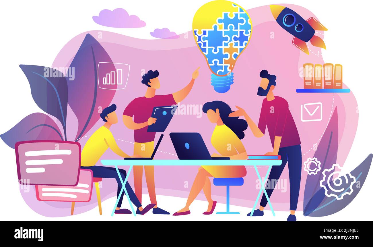 L'équipe d'affaires remue l'idée et l'ampoule de la scie sauteuse. Collaboration d'équipe de travail, coopération d'entreprise, concept d'assistance mutuelle des collègues. BRI Illustration de Vecteur
