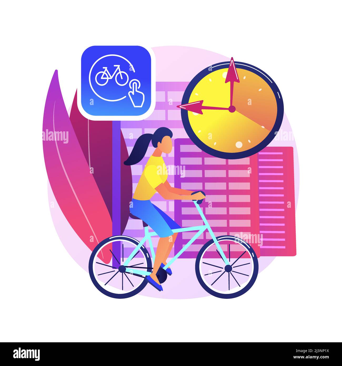 Illustration vectorielle abstraite de concept de partage de vélo. Location publique de vélos, application de partage de vélos, transport urbain vert, réserver un trajet en ligne, ec Illustration de Vecteur