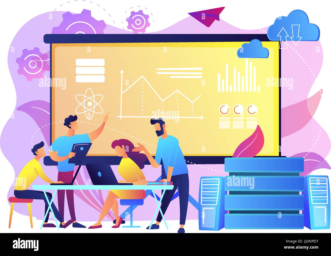 Ingénieur logiciel, statisticien, visualisateur et analyste travaillant sur un projet. Conférence sur le Big Data, présentation du Big Data, concept de science des données. Lumineux Illustration de Vecteur