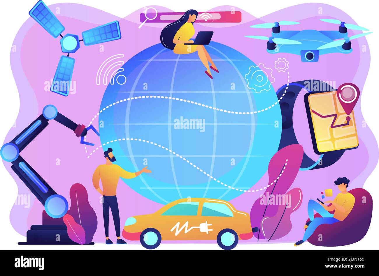 Des personnes minuscules utilisant des innovations technologiques, des appareils numériques. Révolution technologique, innovations scientifiques modernes, concept de progrès technologique. Illustration de Vecteur