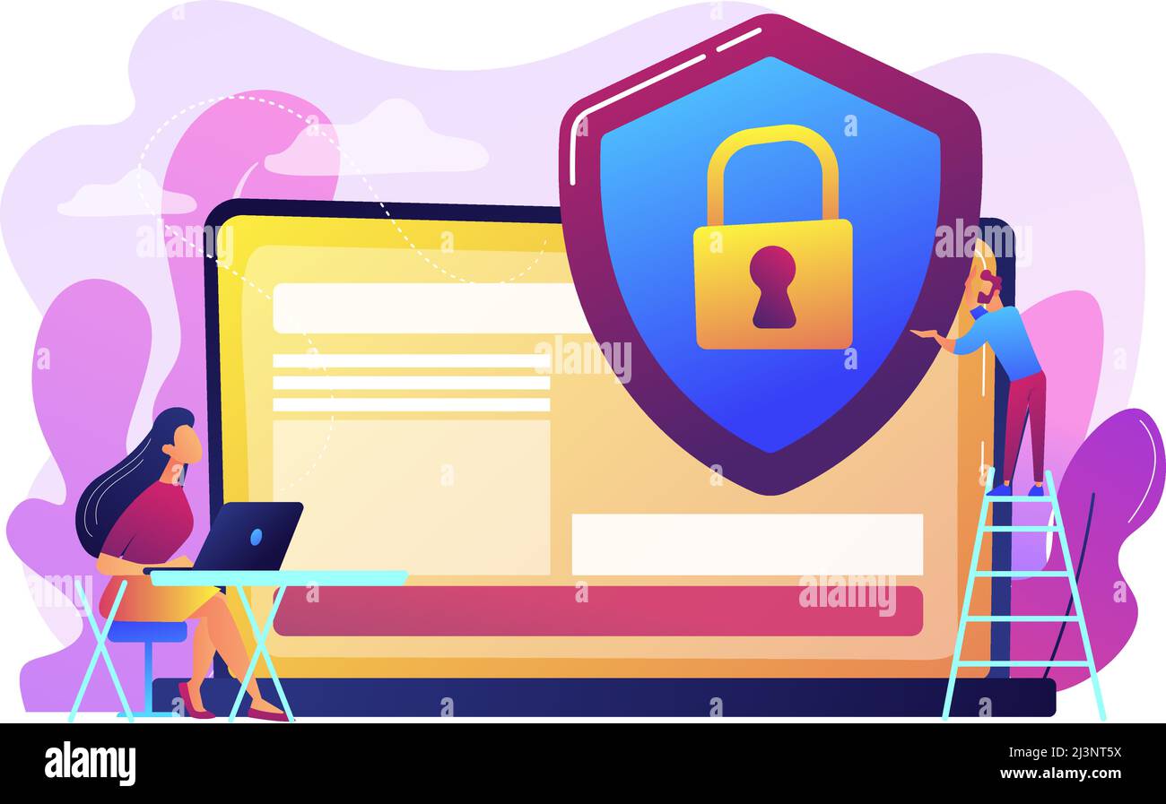 Homme d'affaires de toute petite taille avec écran de protection des données sur l'ordinateur portable. Confidentialité des données, réglementation sur la confidentialité des informations, concept de protection des données personnelles. Lumineux Illustration de Vecteur