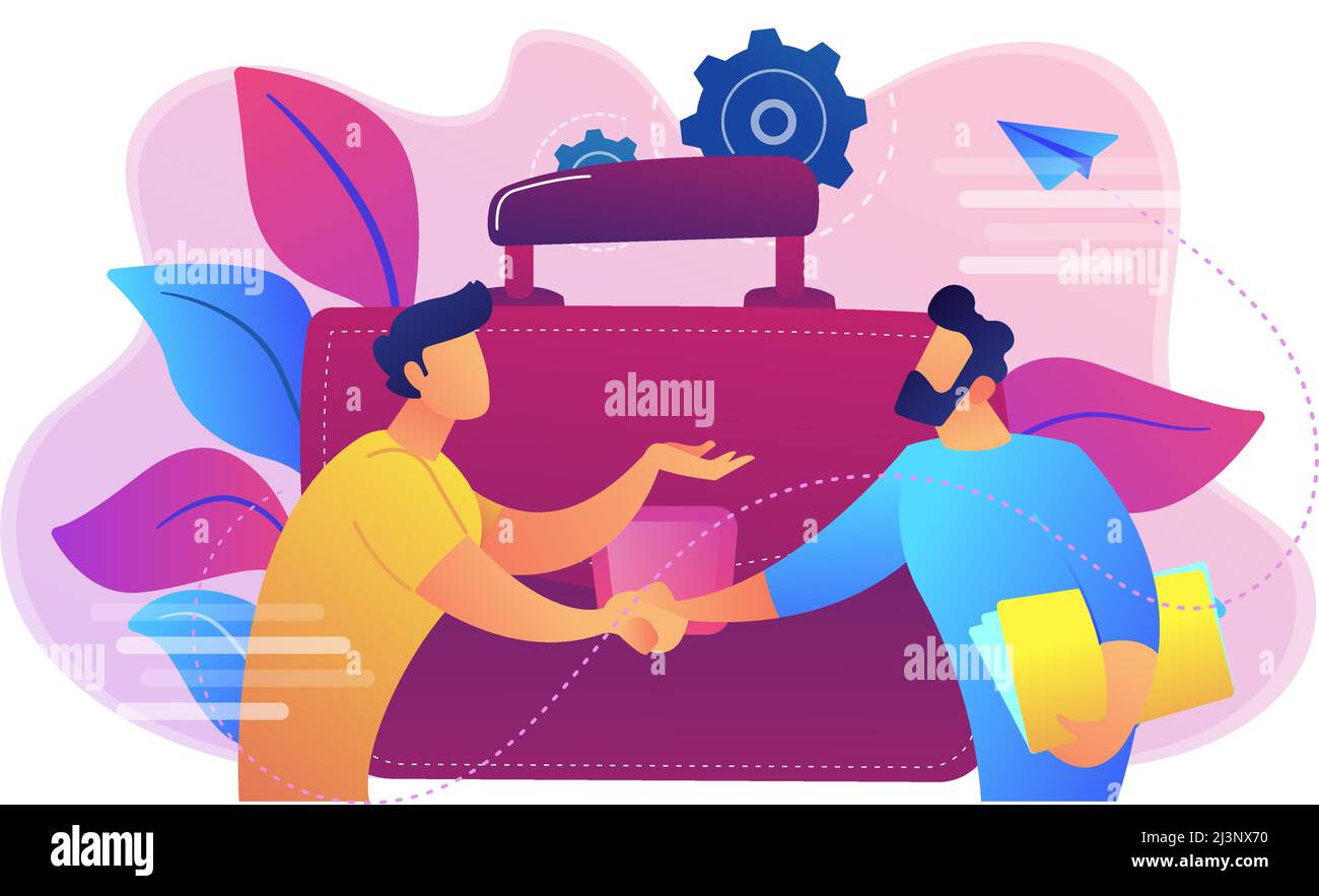 Deux partenaires commerciaux qui se secouent les mains et un grand porte-documents. Partenariat et accord, coopération et accord ont achevé le concept sur fond blanc. Ven. Brillant Illustration de Vecteur