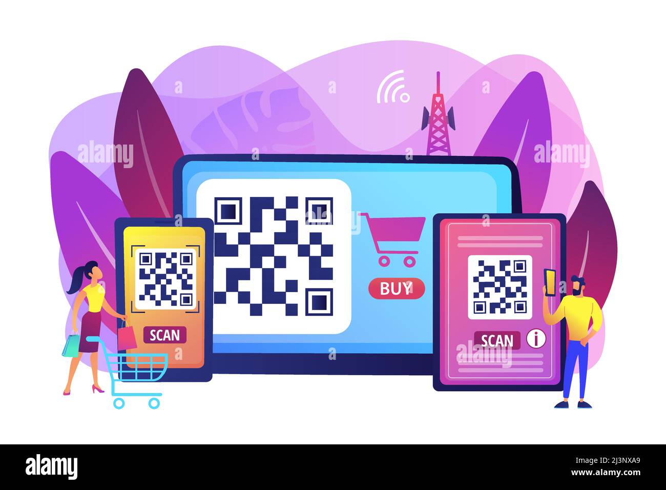 Application de lecture de code-barres, application de transaction d'épyment de lecteur qrcode. Lecteur de code QR, générateur de code QR en ligne, concept de paiement de code QR. vio éclatant Illustration de Vecteur