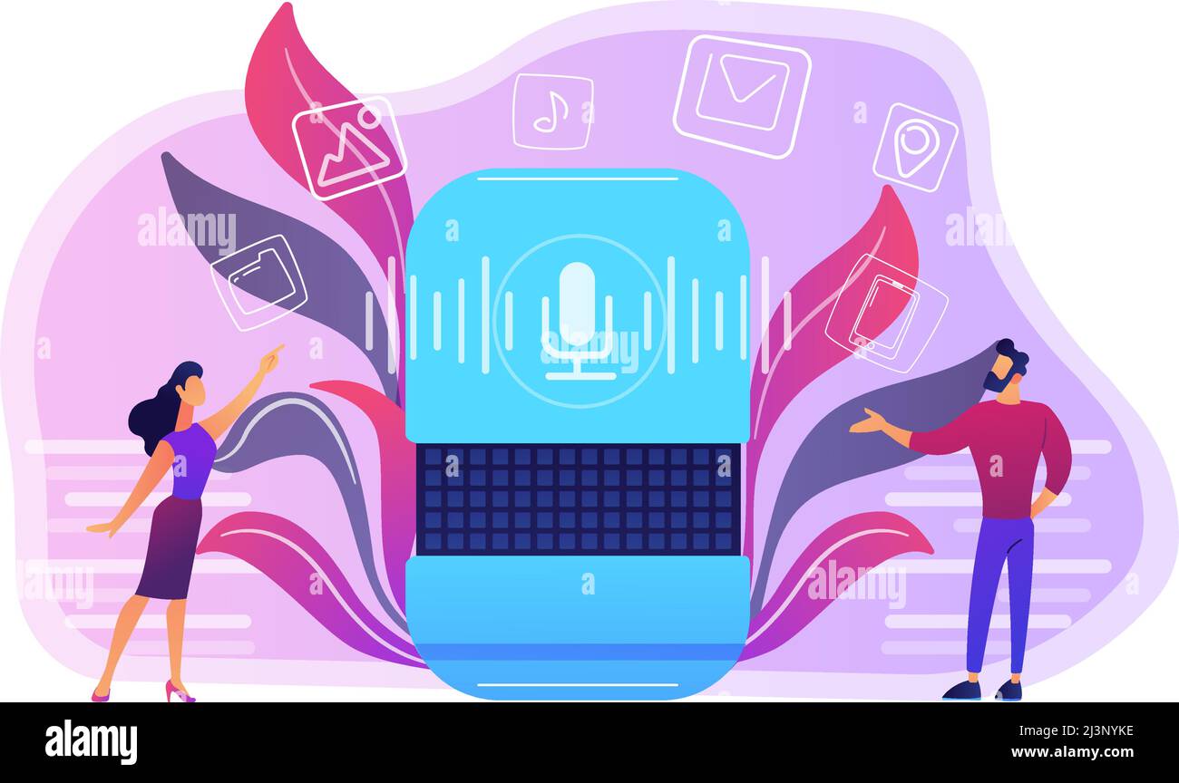 Utilisateurs achetant des applications de haut-parleur intelligent en ligne. Boutique en ligne des applications de l'assistant intelligent, concept de marché des applications de l'assistant numérique à commande vocale, vio Illustration de Vecteur