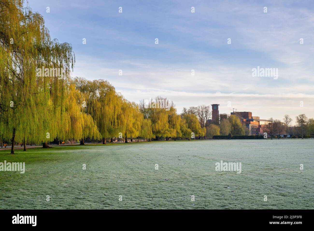 Le terrain de loisirs avec le gel printanier au lever du soleil et le théâtre royal de Shakespeare au loin. Stratford-upon-Avon, Warwickshire, Angleterre Banque D'Images