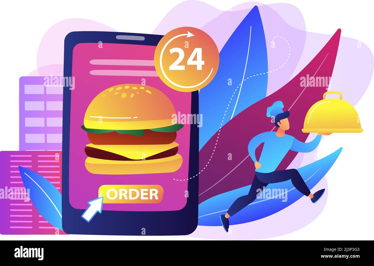 Commandez un énorme hamburger sur une tablette disponible 24 heures et un plat de cuisson. Service de livraison de nourriture, commande de nourriture en ligne, concept de service de nourriture 24 7. Illustration de Vecteur