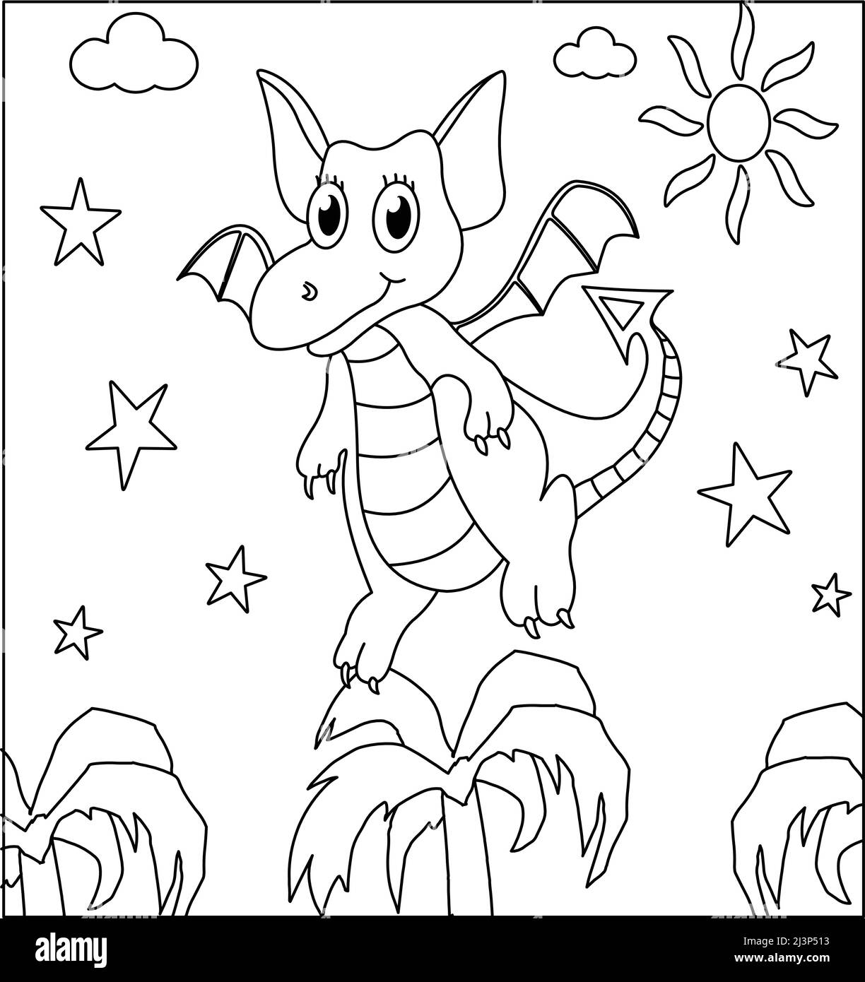 (Dragon coloriage page: 3) mignon Dragon avec la nature, herbe verte, arbres sur fond, vecteur noir et blanc coloriage page. Illustration de Vecteur