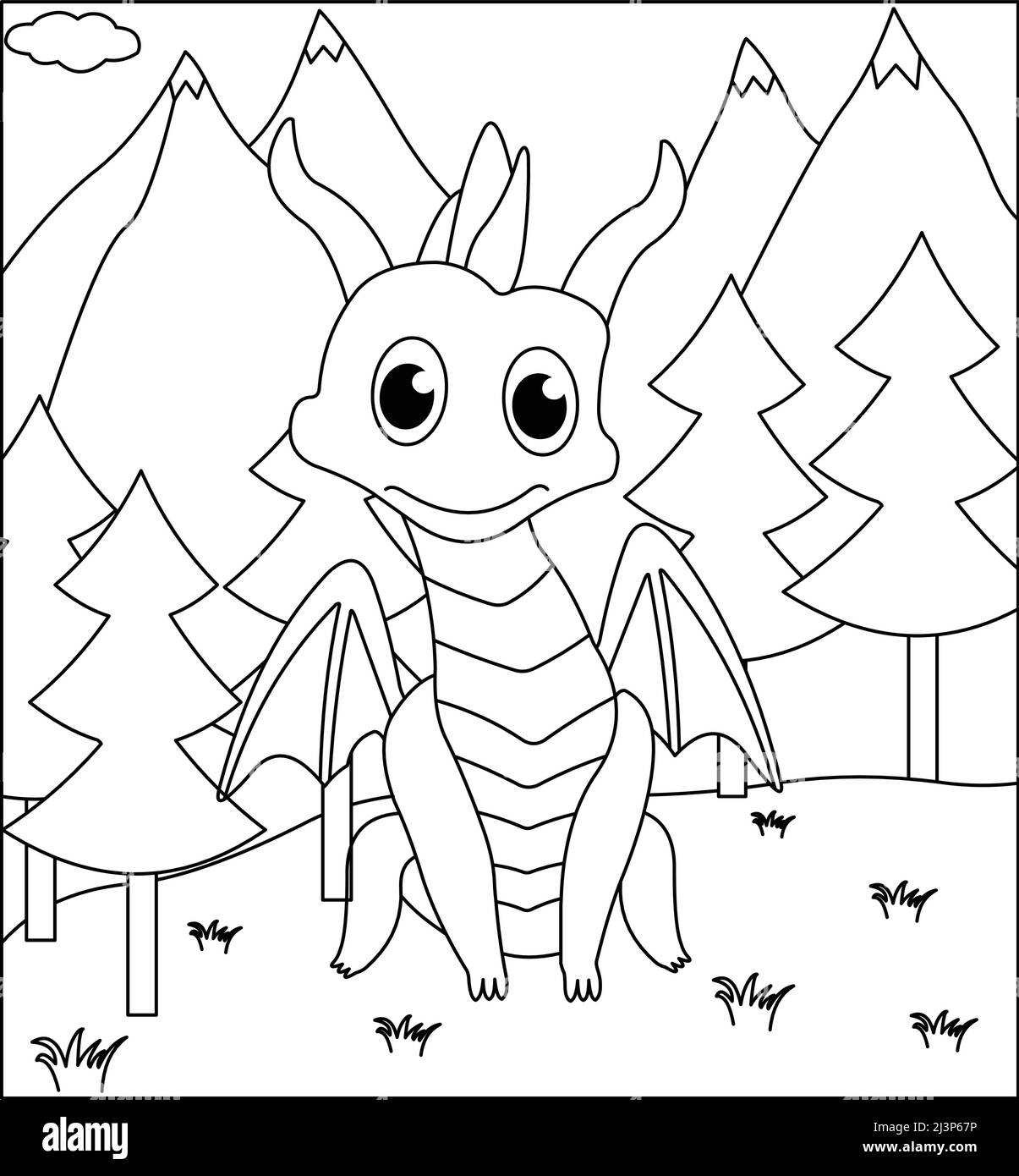(Dragon coloriage page: 13) mignon Dragon avec la nature, herbe verte, arbres sur fond, vecteur noir et blanc coloriage page. Illustration de Vecteur