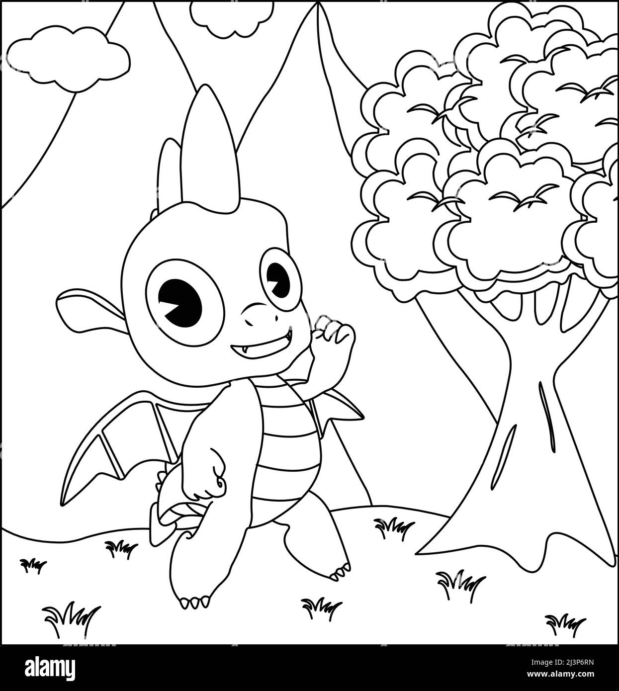 (Dragon coloriage page: 16) mignon Dragon avec la nature, herbe verte, arbres sur fond, vecteur noir et blanc coloriage page. Illustration de Vecteur