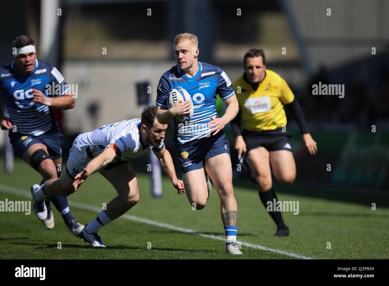 SALFORD, ROYAUME-UNI. AVR 9th Aaron Reed de sale Sharks sur le ballon pendant le match de la coupe des champions européens entre sale Sharks et Bristol au stade AJ Bell, Eccles, le samedi 9th avril 2022. (Credit: Pat Scaasi | MI News) Credit: MI News & Sport /Alay Live News Banque D'Images