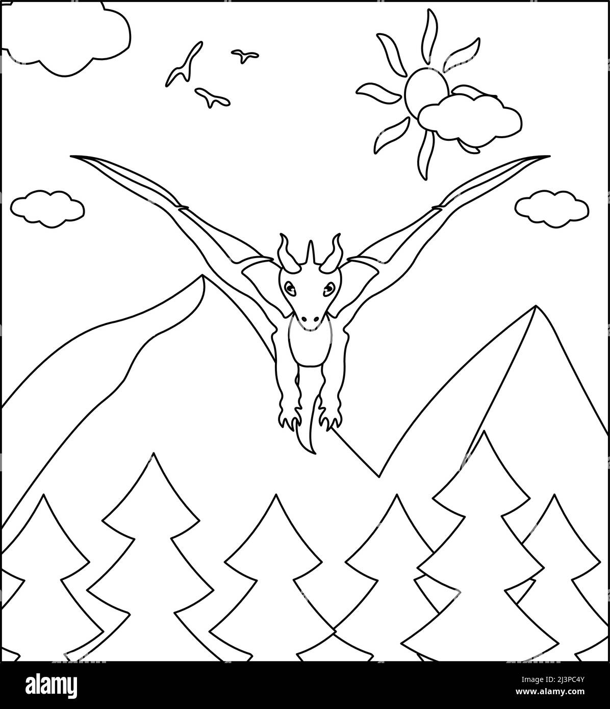 (Dragon coloriage page: 32) mignon Dragon avec la nature, herbe verte, arbres sur fond, vecteur noir et blanc coloriage page. Illustration de Vecteur