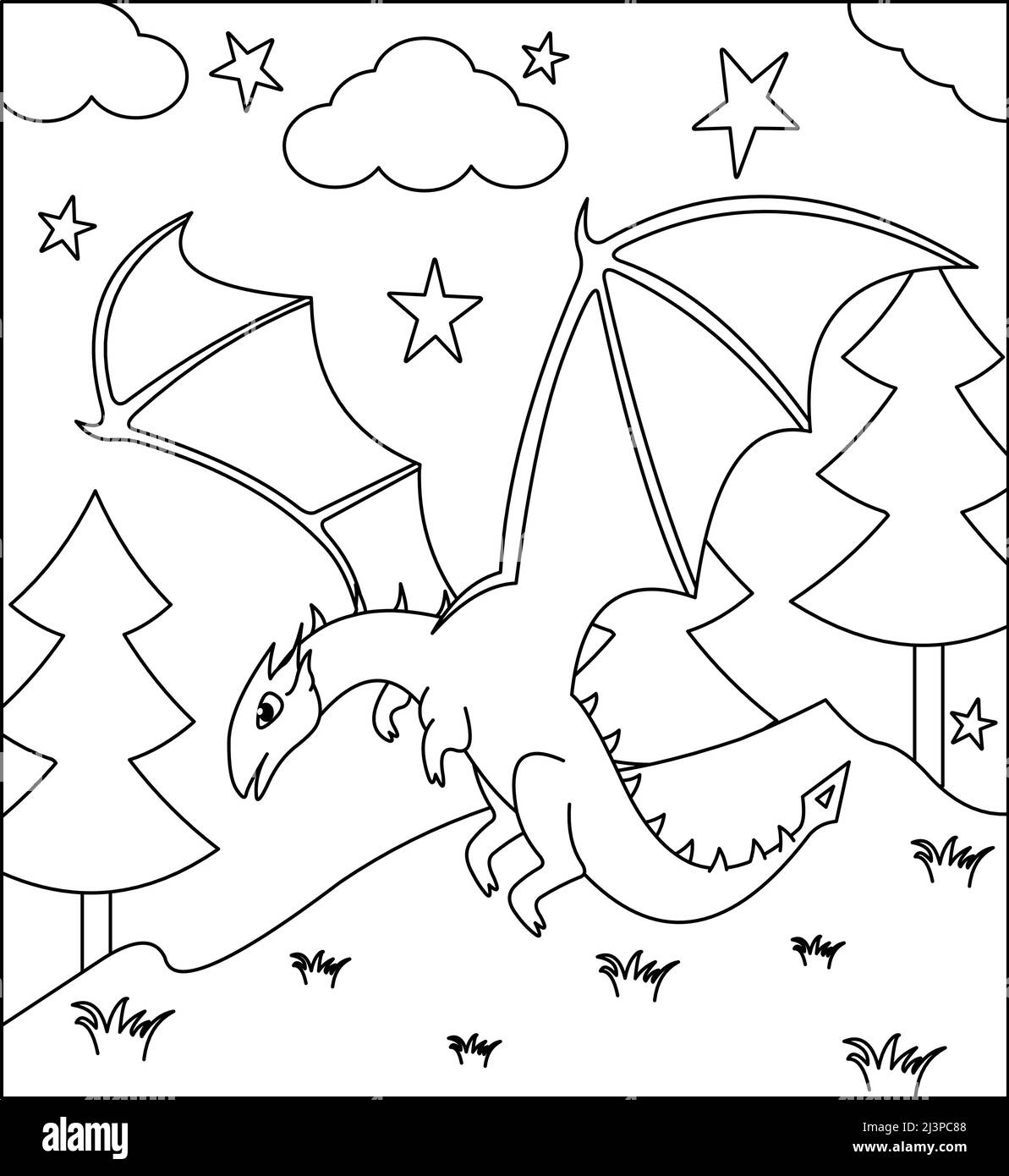 (Dragon coloriage page: 43) mignon Dragon avec la nature, herbe verte, arbres sur fond, vecteur noir et blanc coloriage page. Illustration de Vecteur