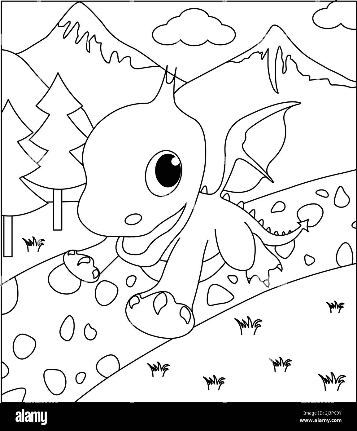 (Dragon coloriage page: 46) mignon Dragon avec la nature, herbe verte, arbres sur fond, vecteur noir et blanc coloriage page. Illustration de Vecteur
