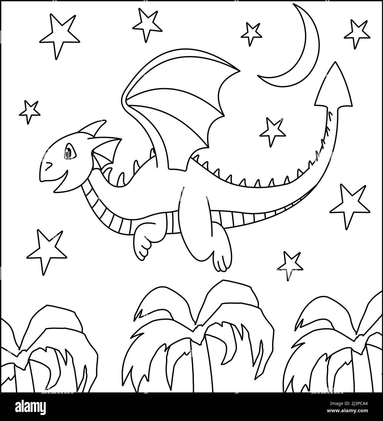 (Dragon coloriage page: 48) mignon Dragon avec la nature, herbe verte, arbres sur fond, vecteur noir et blanc coloriage page. Illustration de Vecteur