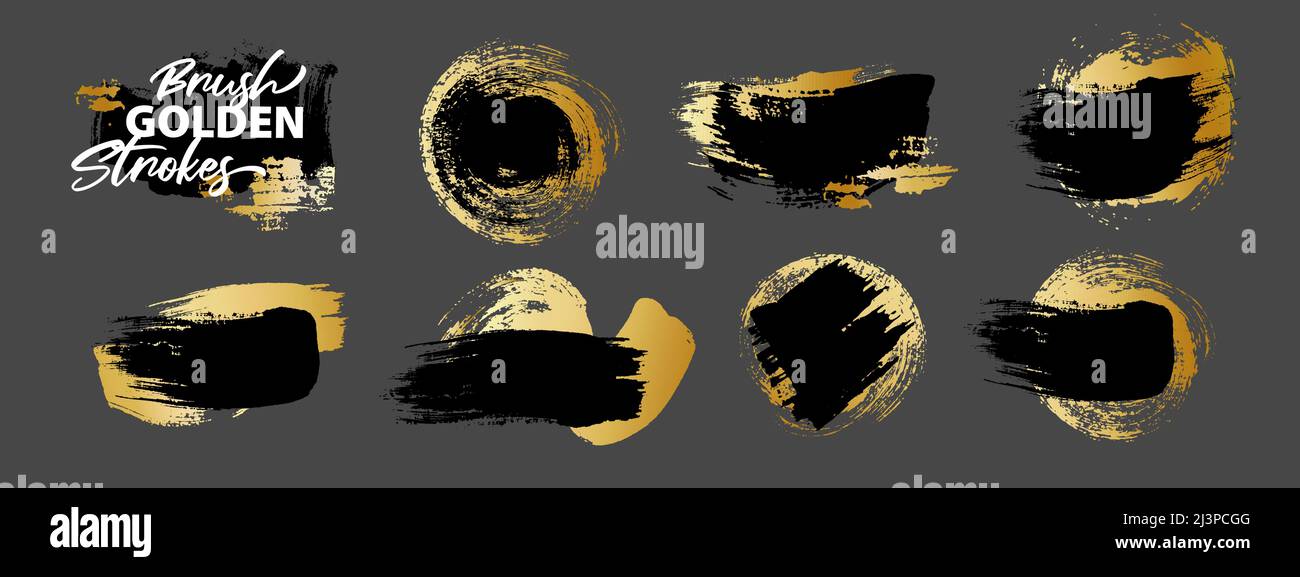 Ensemble de contours dorés et noirs. Divers traits circulaires et linéaires de pinceau gras noir et or se mélangent. Traits de pinceau dessinés à la main vectorisés Illustration de Vecteur