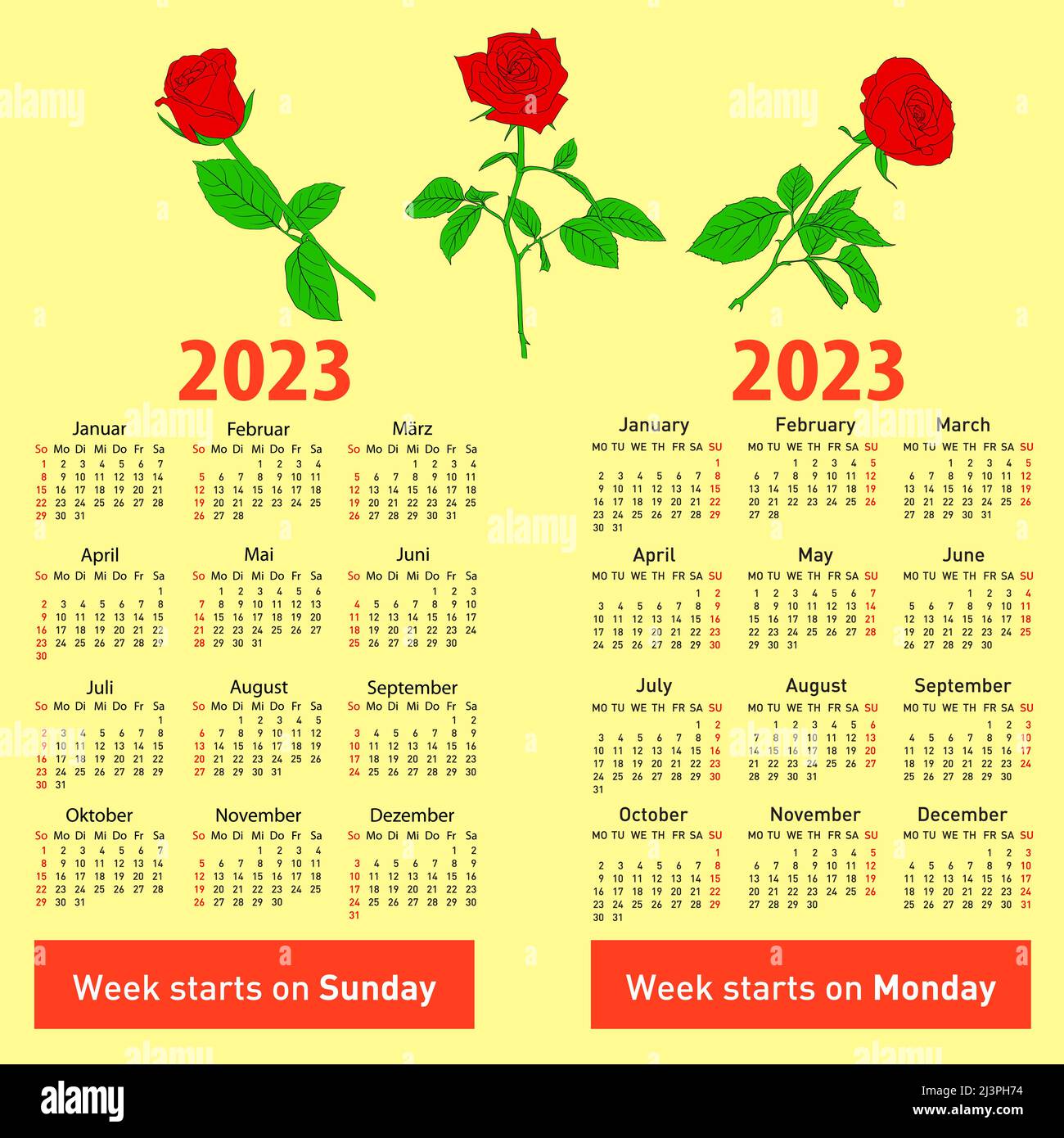 Calendrier allemand élégant pour 2023. En allemand et en anglais. Illustration de Vecteur