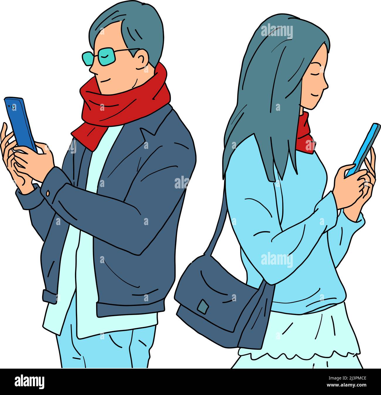 un couple d'un homme et d'une femme avec des téléphones, la dépendance sur les réseaux sociaux en ligne Illustration de Vecteur