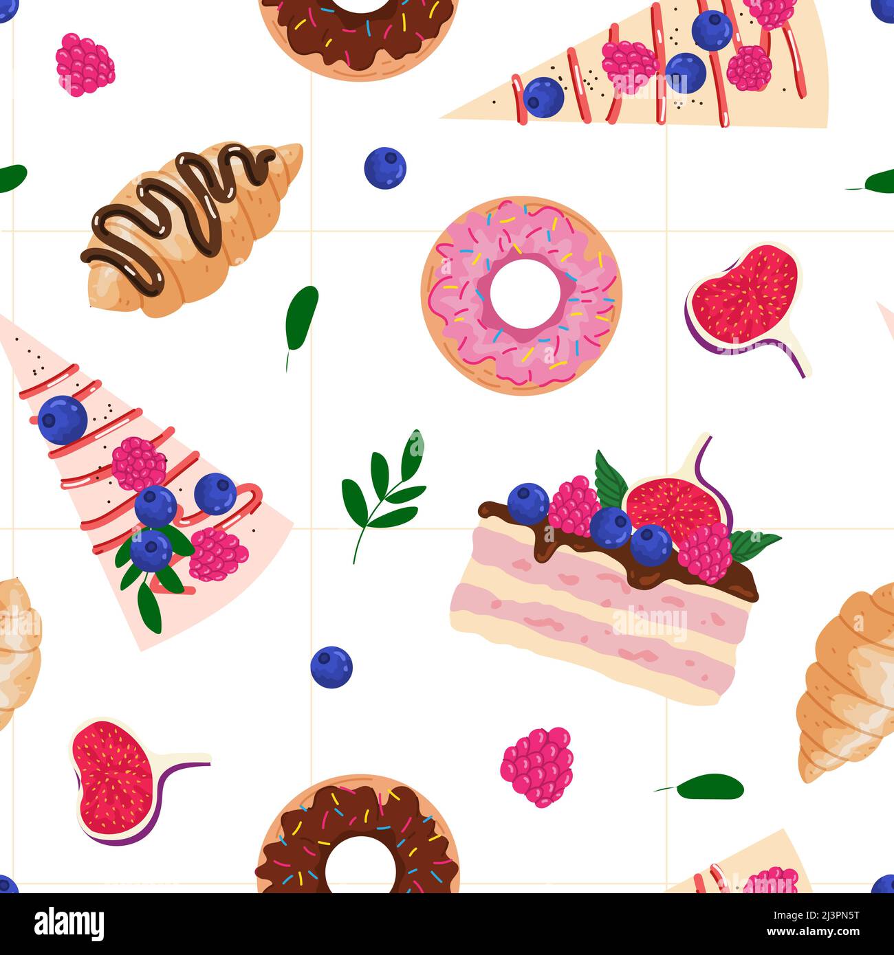 Motif sans couture avec gâteaux, pâtisseries, beignets et cheesecakes. Motif vectoriel avec desserts sucrés et illustrations de boulangerie dans un style de dessin animé moderne. Gâteaux Illustration de Vecteur
