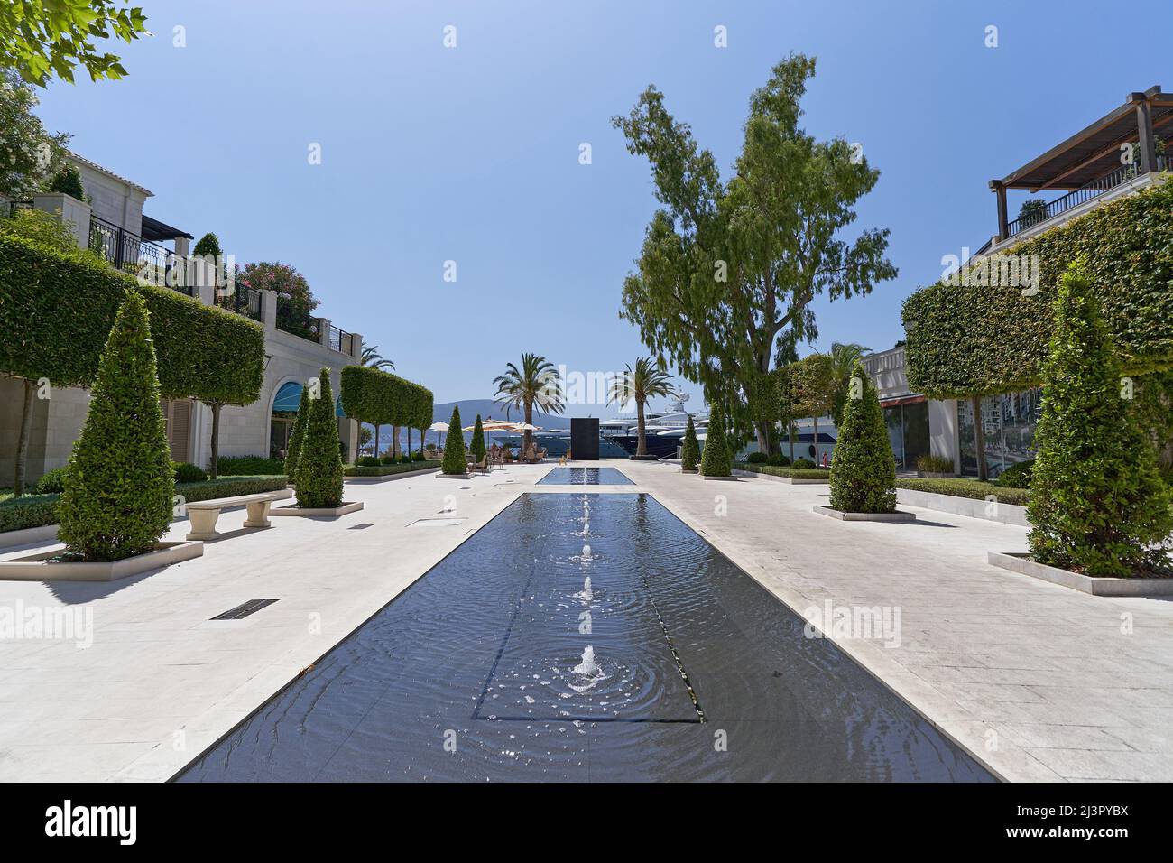 TIVAT, MONTÉNÉGRO - 15 JUILLET 2021 : promenade luxueuse avec fontaine et arbres façonnés à Porto Monténégro Banque D'Images