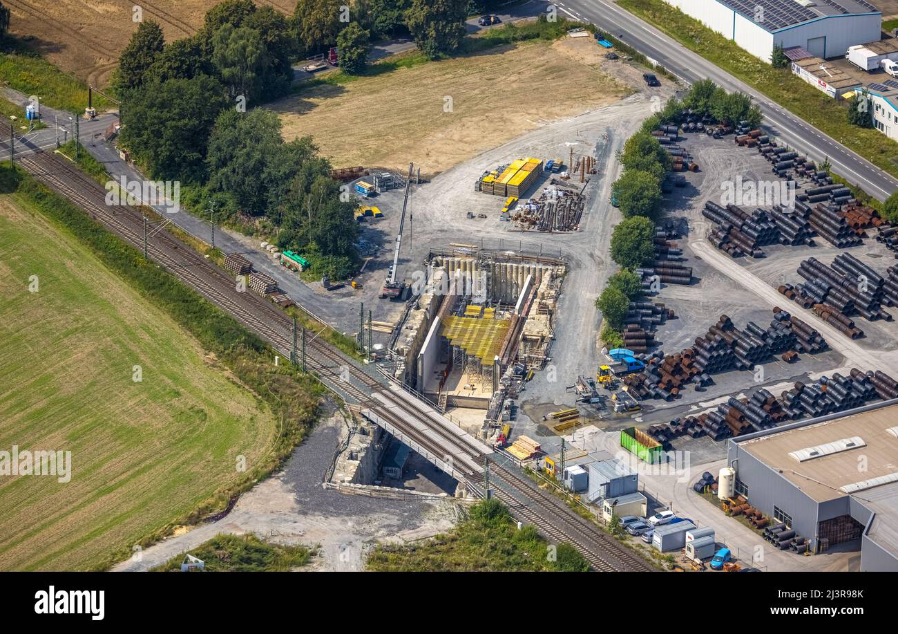 Vue aérienne, auxiliaire , Luftbild, Hilfsbrücken unterhalb der Gleise neben der Südkamener Straße in Südkamen, Kamen, Ruhrgebiet, Nordrhein-Westfalen, Banque D'Images