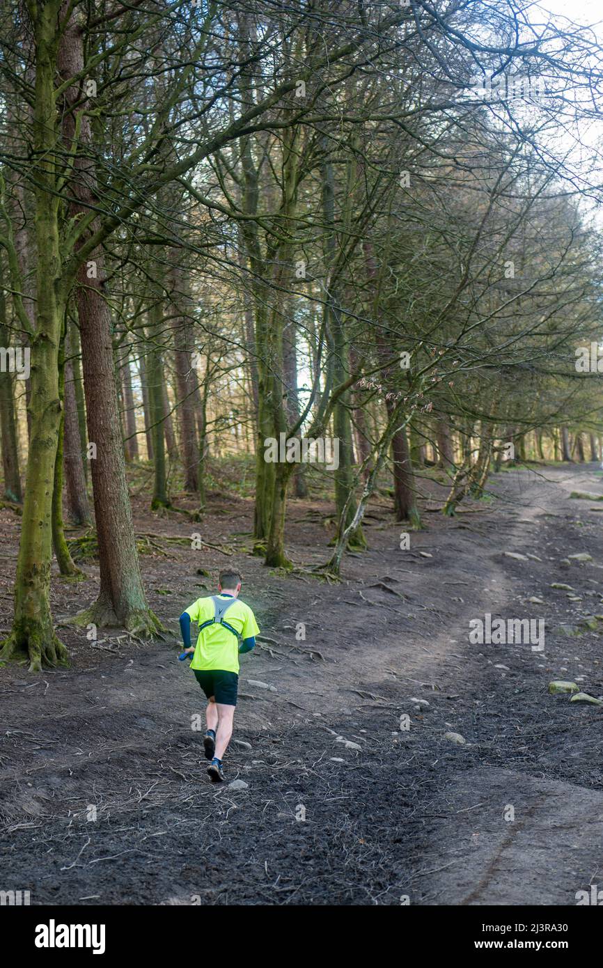 Un homme de cross-country qui court sur la forêt d'Otley Chevin portant un maillot haute visibilité. Banque D'Images