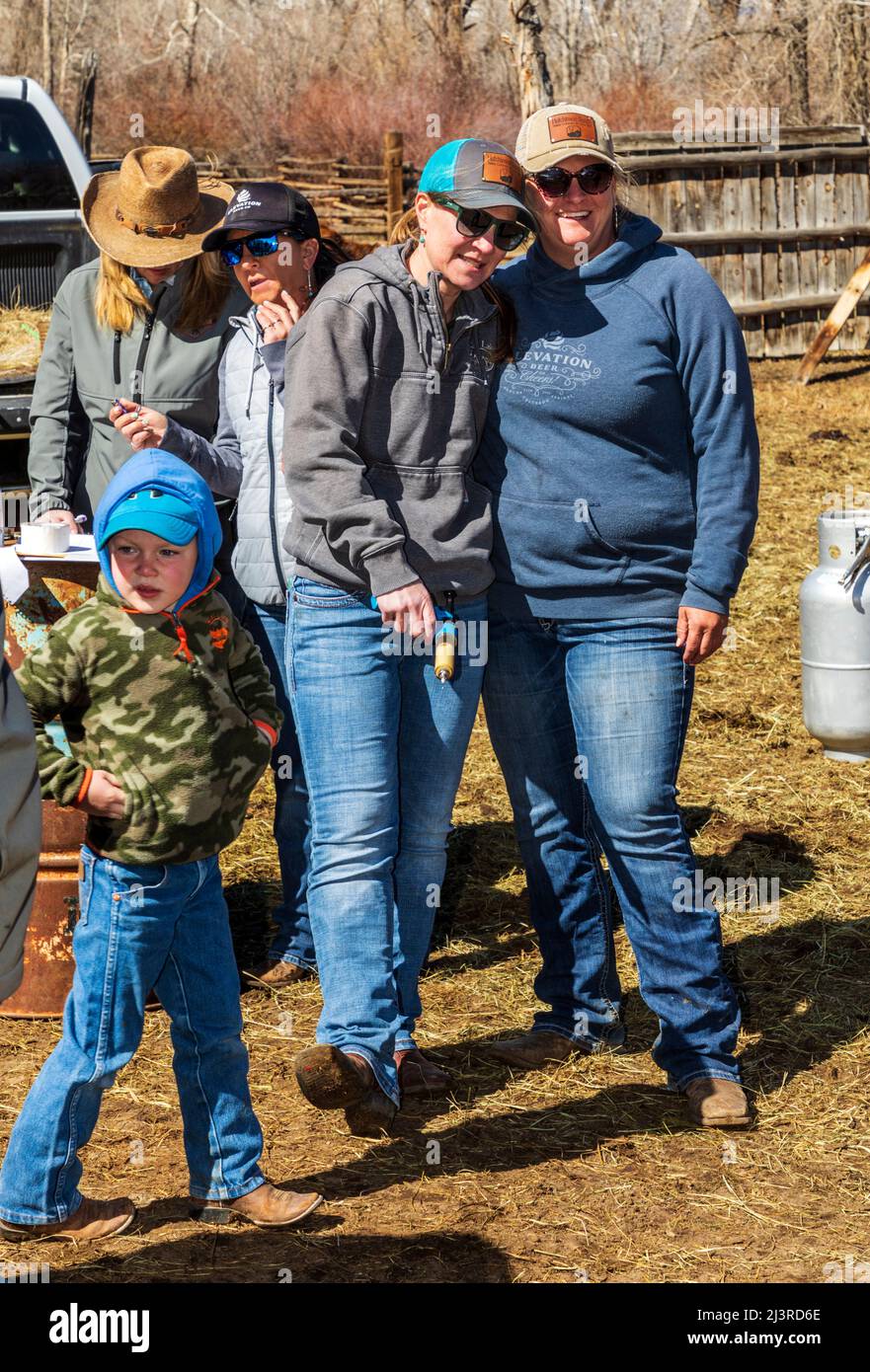Les amis se réunissent à un événement de marque de printemps sur le Hutchinson Ranch près de Salida: Colorado; USA Banque D'Images